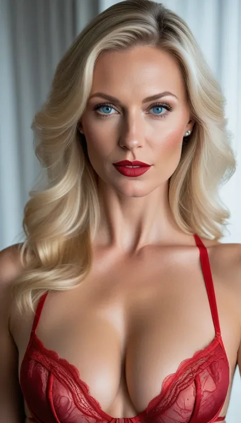 a beautiful lady of 32 years old blond hair , bleu eyes with a great shape wearing a high quality red lingerie