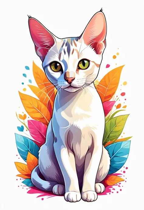 A t-shirt with graphic design art, flat illustration of an Oriental breed cat,  cuddly, colorful tones, highly detailed cleanliness, imagem vectorial, photorealistic masterpiece, professional photograpy, plain white background, isometric, Vibrant, vector