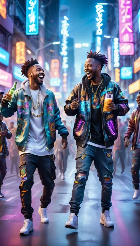 Adult BLACK men dressed in urban clothing, In an urban landscape and holographic signs、HAPPY DANCING on the road. are drinking and laughing, The background is modern and cyberpunk, high tech vibe. Lovely Digital Painting, 3D rendering, Bright lighting, swi...