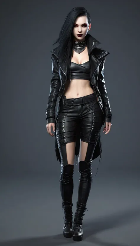 Create a full body female character and clothing items from vampire clans in modern times and create modern and cyberpunk fashion. Front, side and backCreate a full body female character and clothing items from vampire clans in modern times and create mode...