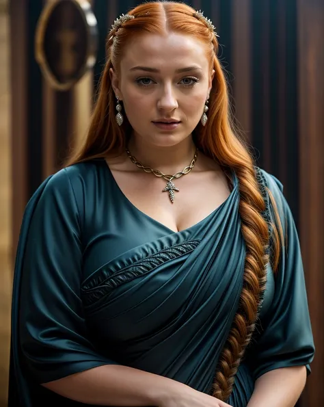 Foto RAW, Sansa Stark, Extremely gorgeous lady, Sansa Stark PLAYED BY Sophie Turner, Full figured woman, heavy physique, voluptuous, curvy, Full figured lady, thick fleshy figure, bulky figure, Queen Sansa Stark, she  a mature woman now, milf, sexy mediaev...