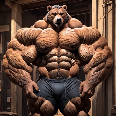 Grizzly Bear, brown fur, bitone, brown chest fur, beard, brown eyes, realistic eyes, posted on e621, furry body, anthro body, anthro grizzly bear, claws on hands, bear, solo, male, adult, masculine, (huge muscular, large muscles, buff:2.2), correct anatomy...