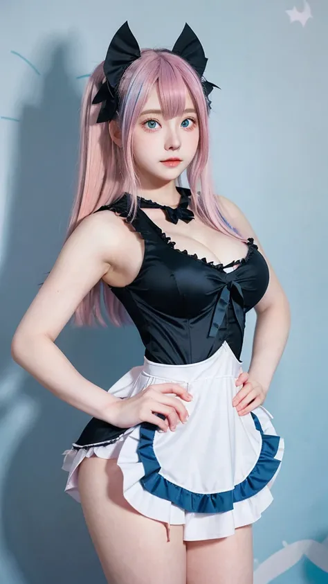 Gorgeous Girl, beautiful, baby face, 17 years old, White skin, huge breasts, side pose, ((anime black cosplay costume)), pastel colors, blue eyes, Halloween background, masterpiece, pink hair, sleeveless, hands next to hips, ((Lateral Angle))