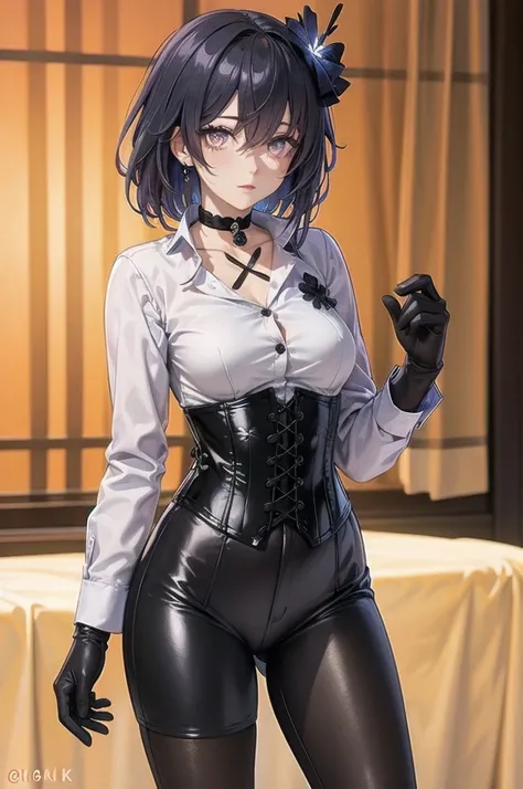 Masterpiece, Beautiful art, professional artist, 8k, Very detailed face, Detailed clothing, detailed fabric, 1 girl, Soul Fullness (Honkai Impact 3rd), front view, standing, perfectly drawn body, shy expression, pale skin, beautiful face, short dark blue h...