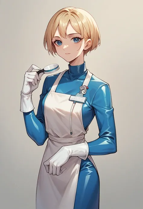 1girl, short haircut, ((white elbow gloves)), ((surgical gloves)), ((latex gloves)), ((long sleeves)) ((blue surgeon outfit)), (doctor coat), looking at viewer, ((surgeon girl)), standing, solo