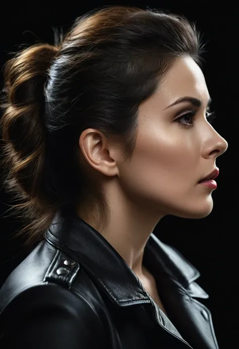 Portrait of very serious woman in profile with dark background, hyper realistic image 