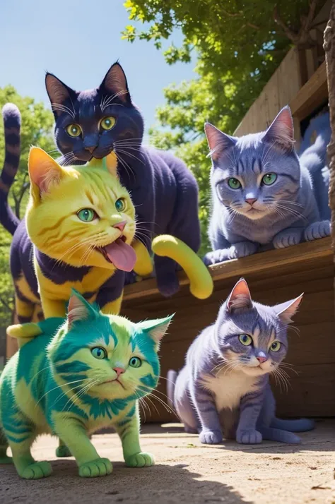 Pixar-style, Riley, a 15 year old girl with short blue hair and a green sleeveless dress, is in the center of the happy image. Ao redor dela, are the (five emotional cats): cheerfulness (a playful yellow cat smiling), suru (a blue and furry cat crying sad)...