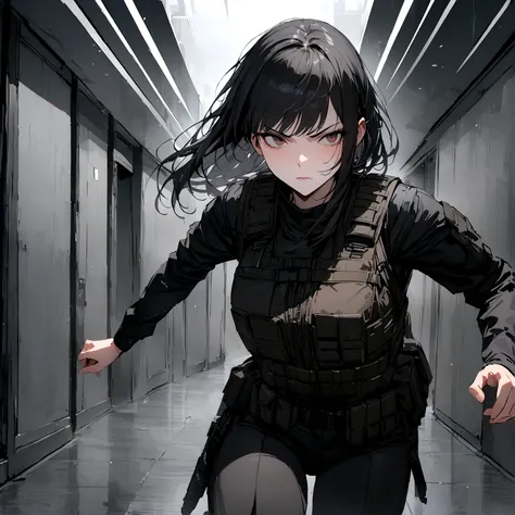 woman with a black outfit and tactical vest, serious face, 4k, (black hair with silver bangs),solo , assassin women, (8k, best quality, masterpiece: 1.2), ultra-detailed, dynamic, hotel hall, action, foggy, dark oni mask
