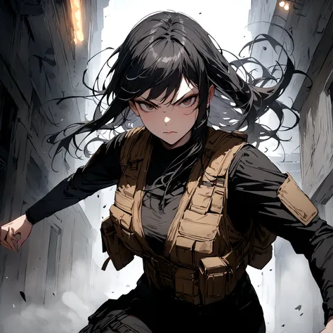 woman with a black outfit and tactical vest, serious face, 4k, (black hair with silver bangs),solo , assassin women, (8k, best quality, masterpiece: 1.2), ultra-detailed, dynamic, hotel hall, action, foggy, dark oni mask
