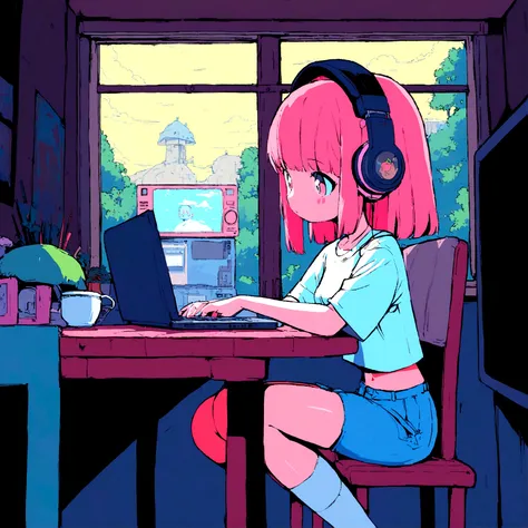 Anime girl sitting at table with laptop and headphones, Night view outside the window, zeroガール, Praise the art style, Portrait of Lopi, lofi art, lo-fi sensation, zero, zeroバイブ, chill hop, Lo-fi girl aesthetic, lo-fi art, zeroカラー, lo-fi style illustration,...