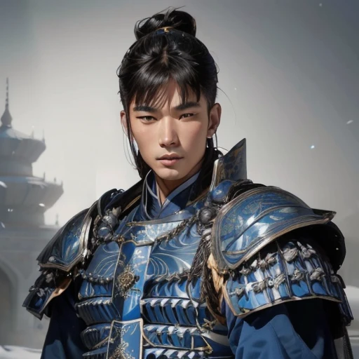 a close up of a handsome asian man in blue armor as an imperial guard