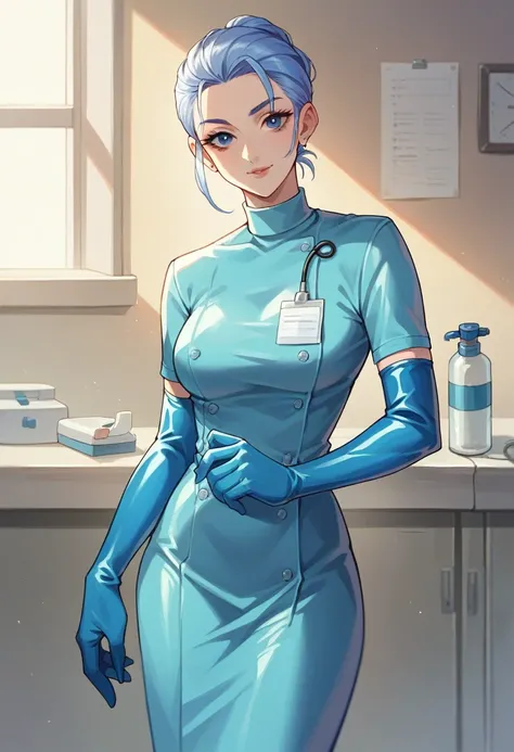 1girl, ((blue elbow gloves)), ((surgical gloves)), ((latex gloves)), ((long sleeves)), ((blue surgeon outfit)), ((doctor outfit)), looking at viewer, ((surgeon girl)), standing, solo