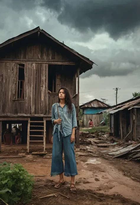 Image of a young women , women standing alone in front of a wooden house, sad expresion, wearing dirty clothes  , poor vegitation near houses , dust clouds in the sky , evening time  