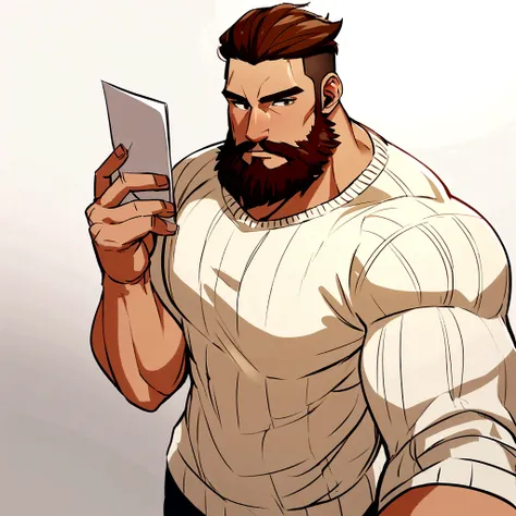 Create a selfie of a muscular man in a sweater with short brown hair and a full beard. His physique is very robust. He should hold a white sheet of paper with one hand