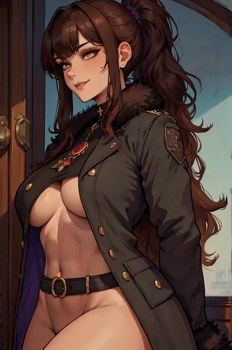 ((masterpiece)), ((best quality)), 1girl, adult, long hair, big bust, ((brown hair)), ((intimidant look)), ((close-up)), profile image, black and red clothes, sexy, dark colors, ((coat with fur)), ((wavy hair)), exposed skin, ((sexy pose)), good anatomy, (...