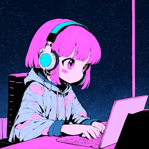 Anime girl sitting at table with laptop and headphones, Night view outside the window, zeroガール, Praise the art style, Portrait of Lopi, lofi art, lo-fi sensation, zero, zeroバイブ, chill hop, Lo-fi girl aesthetic, lo-fi art, zeroカラー, lo-fi style illustration,...