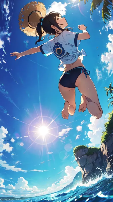 (Looking up at the blue sky:1.3), Ocean, sun, Angle looking up from below, (Girl wearing a T-shirt over a bikini:1.1), (big lauth:1.3), (detailed closed eye:1.3), (Back view:1.3), ponytail, Spread your arms and take a big jump, split knees, Jumping with be...