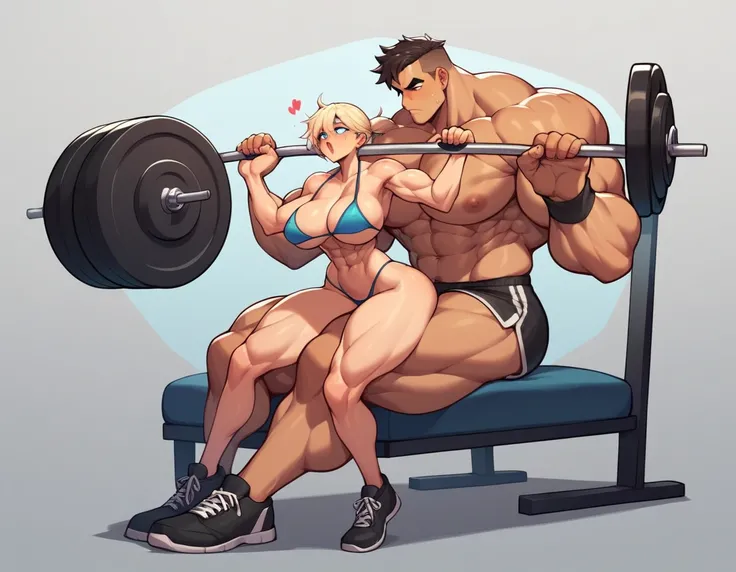 skimpy couple of a curvy bikini girl sitting in lap of TOPLESS GIANT HYPERSIZED TALL TOPLESS hypermuscular guy , her legs wrapped around his body ABSOLUTELY HYPER OVERSIZED guy. hyper size difference between guy and girl .GYM.guy wears black shoes .Girl le...