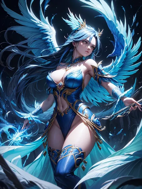 A captivating photograph featuring a female character embodying the essence of a powerful and enchanting blue phoenix. She wears a mesmerizing, vibrant ensemble that showcases her regal presence, adorned with intricate details that accentuate her blue aura...