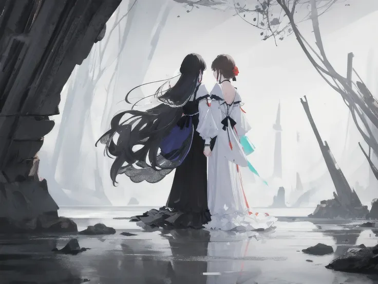 Masterpiece, best quality, Very detailed CG unity 8k wallpaper. Two women stand with their backs to each other. Opposite line between white and black