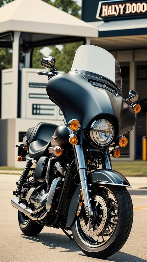 there is a motorcycle parked in front of a gas station, harley davidson motorbike, harley davidson, shot with sony alpha 1 camera, motorcycle, shot with sony alpha, shot on leica sl2, shot on canon eos r 5, shot on canon eos r5, taken with sony a7r camera,...