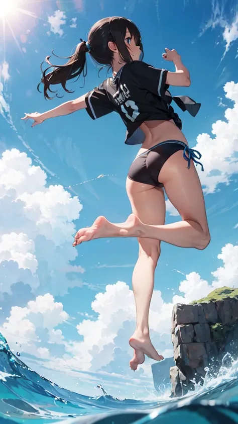 (Looking up at the blue sky:1.3), Ocean, sun, Angle looking up from below, (Girl wearing a T-shirt over a bikini:1.1), (big lauth:1.3), (detailed eye:1.3), (Back view:1.3), ponytail, Spread your arms and take a big jump, split knees, Jumping with bent legs...