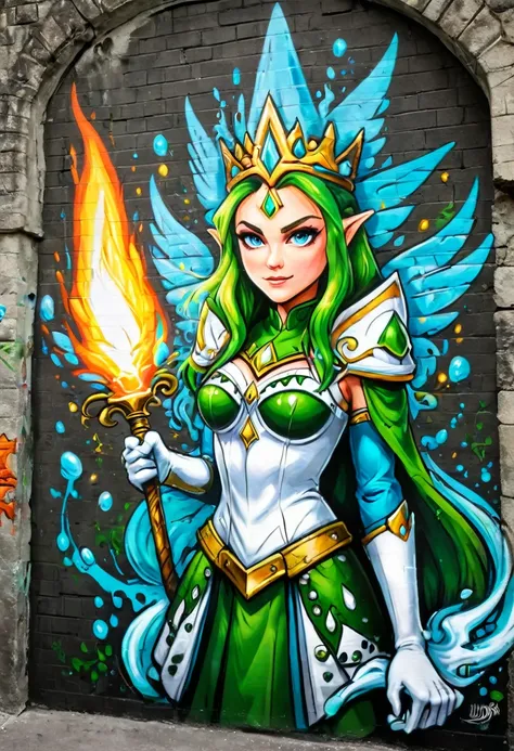 a graffiti painting art on the wall of the castle of the elf princess zelda on the wall of a castle ,princess zelda (intense det...