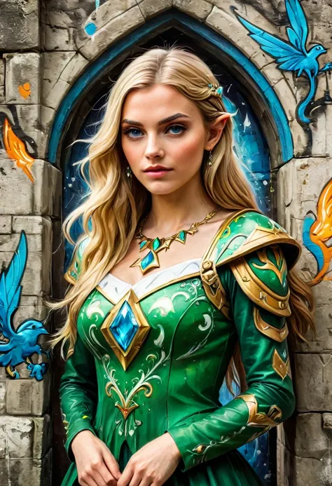 aa graffiti painting art on the wall of the castle of the elf Princess Zelda on the wall of a castle ,Princess Zelda (intense details, Masterpiece, best quality: 1.5), wearing intricate green dress, delicate diamond crow, ultra detailed face, ultra feminin...