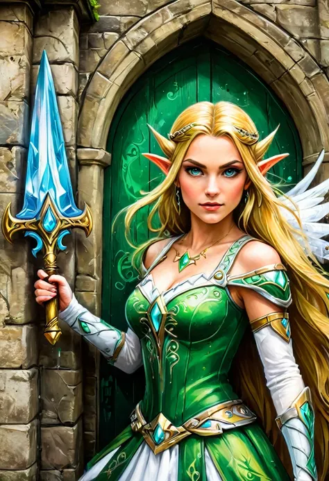 aa graffiti painting art on the wall of the castle of the elf Princess Zelda on the wall of a castle ,Princess Zelda (intense details, Masterpiece, best quality: 1.5), wearing intricate green dress, delicate diamond crow, ultra detailed face, ultra feminin...