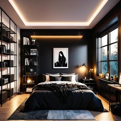 inside of a black metal music lover teenagers room, there is a bed, radiant evening light
