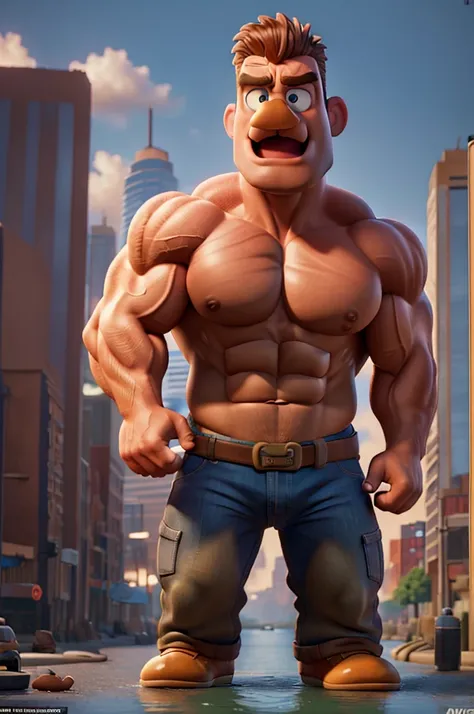 a giant muscular launchpad mcquack, angry expression, city background, large biceps, big pecs, duck, 8k, ultra-detailed, realistic, cinematic lighting, dramatic composition, vivid colors, intricate details, hyper-realistic, masterpiece