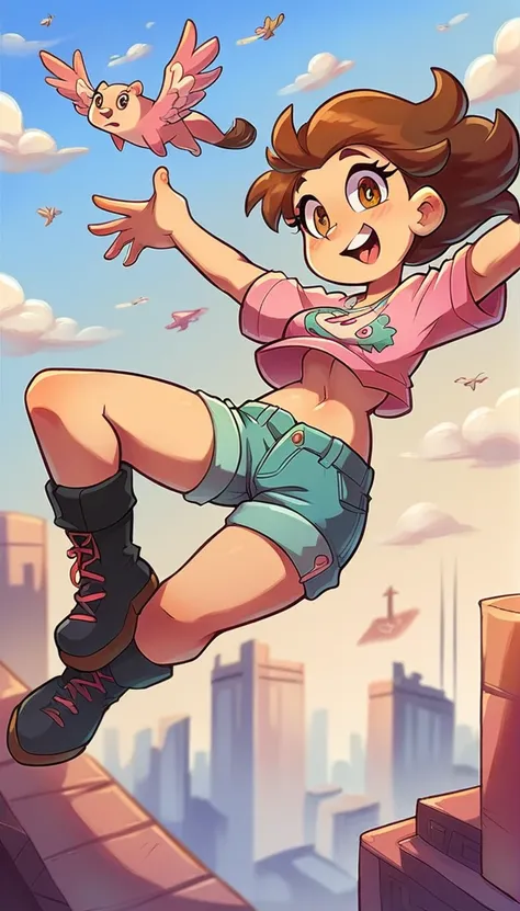 A girl with light skin, sexy, cute, leaders, long brown hair, her brown eye, wears a pink button-down blouse, shows her navel, and a adventure shorts,  black boots, and she travels, flying, sky, city background.