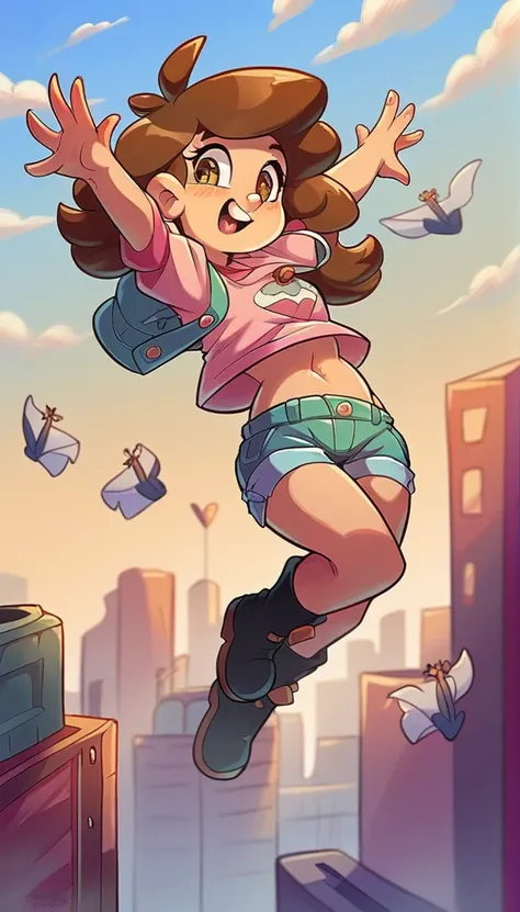 A girl with light skin, sexy, cute, leaders, long brown hair, her brown eye, wears a pink button-down blouse, shows her navel, and a adventure shorts,  black boots, and she travels, flying, sky, city background.