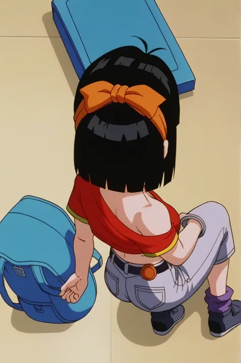 fountain_cheered up, score_9, score_8_above, score_7_above, cheered up screencap,8k, absurd resolution,
Pan (Dragon Ball), 1 girl, Alone, looking at the viewer, short hair, hits, black fur, session, whole body, blue bag, black eyes, crossed arms, crossed l...