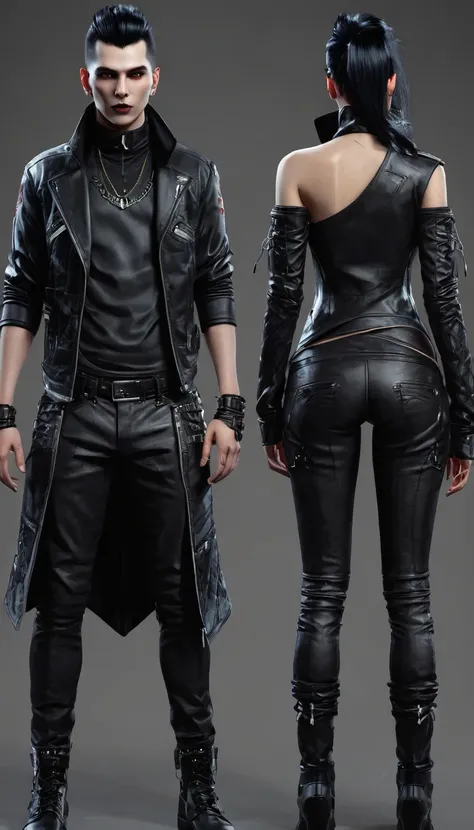 create a full body man character and clothing items from vampire clans in modern times and create modern and cyberpunk fashion. ...