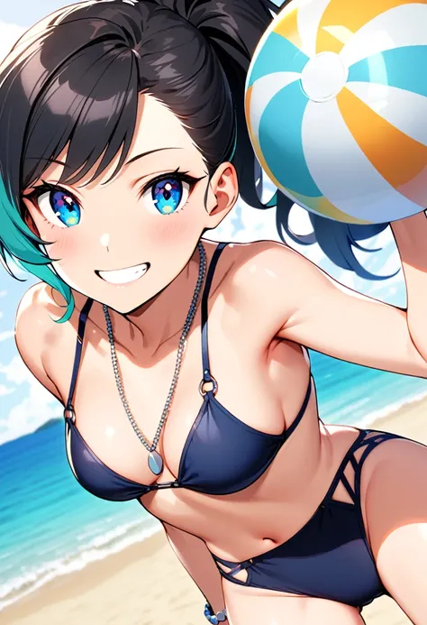 A woman, 19-years-old, solo, Caucasian, black hair, cyan hair, gradient hair, multicolored hair, ponytail, two-tone hair, blue eyes, cheerful smile, mature face, dark blue bikini top, dark blue bikini bottom, midriff, holding a beachball, beach, thin silve...