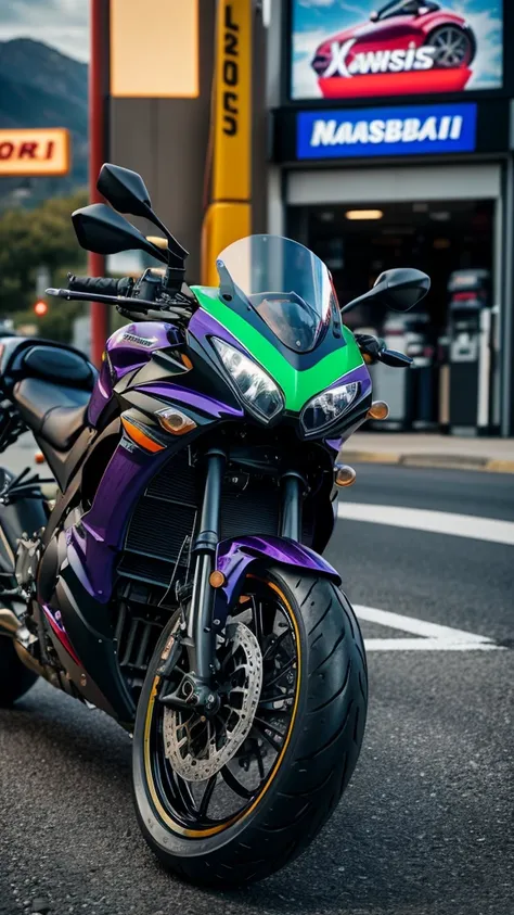 there is a Deep Purple motorcycle parked in front of a gas station, a picture by Daniel Seghers, pexels contest winner, photorealism, kawasaki Ninja motorbike, kawasaki, shot with sony alpha 1 camera, motorcycle, shot with sony alpha, shot on leica sl2, sh...