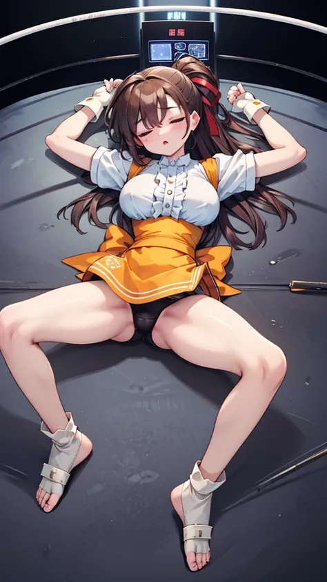 Highest quality，masterpiece，Lying down，sleep，(レスリングのリングにLying down, WWE Divas，Wrestling Arena，Wrestling ring background, Boxing ring background), 仰向けにsleep, Lack of stamina, Ryona, Hitting a girl, death is near，タケユカ 超ロングヘア ヘアribbon, Frilled shirt, Underbus...