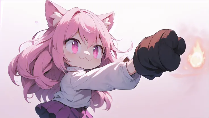 score_9, score_8_up, score_7_up, score_6_up, score_5_up, score_4_up, (((blank_background, white_background))), 1girl, solo, necoarc, lit pupils, cat ears, (pink hair, pink_eyes), chibi, :3, turtleneck, fight_pose, astolfo_costume, purple skirt, pantyhose,N...