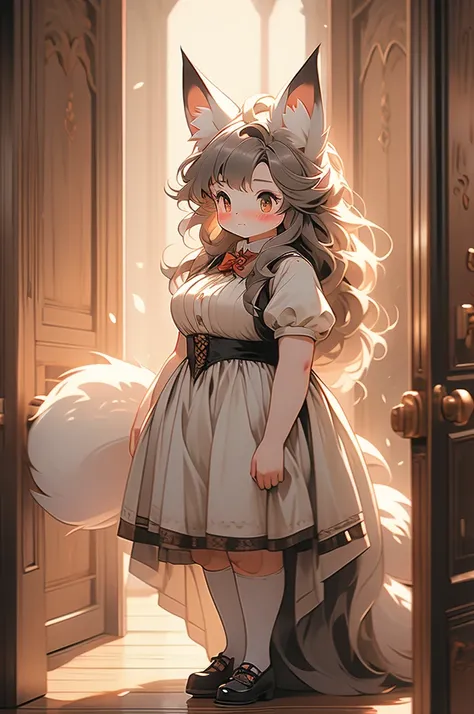 maid, maid uniform, fox ears, fox tail, voluptuous, powerful, plump, black fur, hallway, wooden walls, victorian style, blush, shy, standing in a door frame