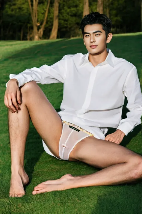 Asian muscular boy sitting on grass, sexy, Dark eyebrows, white shirt, wearing white thong high cut underwaer, white high cut Jockstrap, muscular young male, mid shot portrait, high quality portrait, Attractive pose, cute young man, gorgeous young model, p...