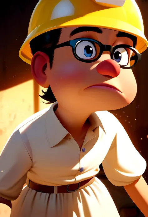 Pixar style character with black glasses, yellow work safety helmet and white dress shirt. Looking like you have doubts