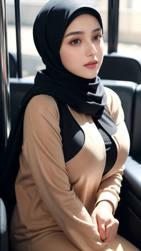 ( Close Up),RAW, Best quality, high resolution, masterpiece: 1.3), beautiful Syrian woman in hijab, Masterpiece, perfect fit body, (big breast),big gorgeous eyes, Soft smile,thick thighs, beutifull face,woman in hijab standing in front of a bus, black hija...