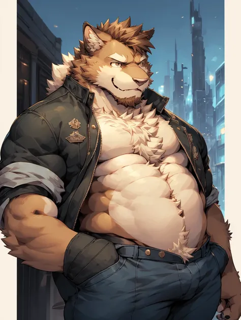 cartoon of a man with a cat face and a jacket, a character portrait inspired by Greg Staples, pixiv, furry art, full length portrait of a short!, high resolution commission, Casually dressed, well-built, hairy chest, furry character, Thick, fluffy chest, f...