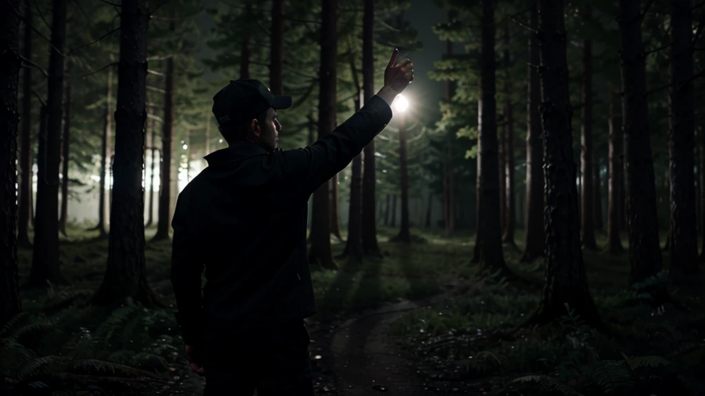 a man pointing his gun at the thief, who is standing with his hands raised, at night on a small in a dark and eerie forest at night.