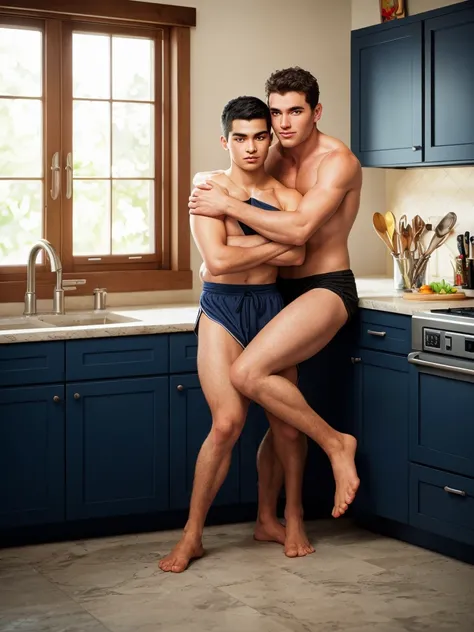 Ivan, sitting on the kitchen counter hugging Diego who is standing in front of him. Shirtless. Dresses with boxers 
 . ((high quality:1.2, masterpiece:1.2)), CGI, VFX, front lighting, photorealistic. shot on canon eos 6d, canon ef 24-105mm f/4l is usm, nik...