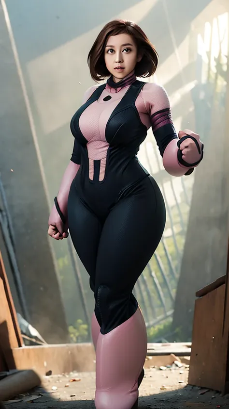 masterpiece, best quality, highres, hmochako, blush stickers, short hair, huge breasts, superhero, bodysuit, boots, ruins, build...