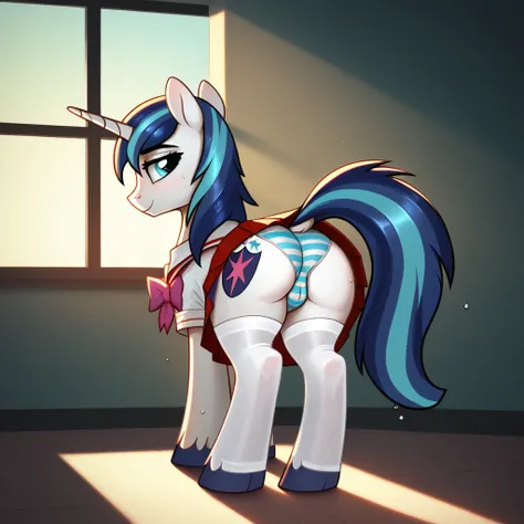 score_9,score_8_up,score_7_up,score_6_up, ((my little pony)), wet cameltoe, (sexy body), standing pony, (school uniform), lot of bows, panties, striped underwear, stockings, seductive perky big butt, behind view, ((shining armor)), radiant lighting, vibran...