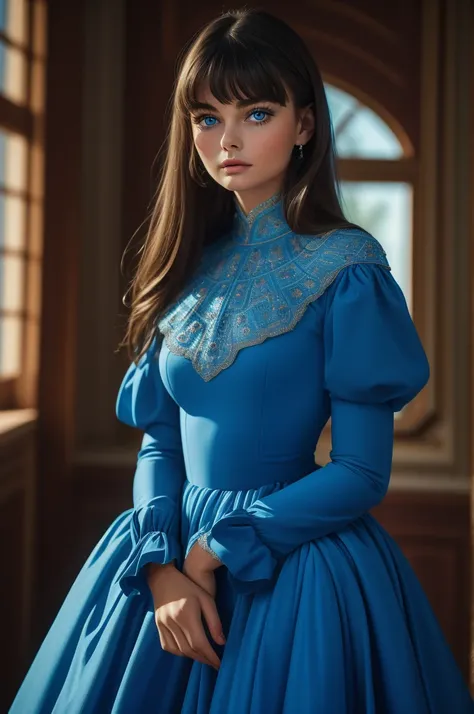 16 year old Paulina Porizkova, ultra-detailed face, ultra detailed blue eyes, (bangs), (long sleeve dress, long skirt), (((masterpiece)))