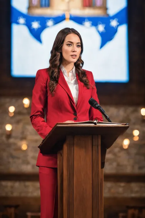 ((woman)), (30 year old), (long hair), (wearing reddish suit), (speech at a lectern), (bible on the pulpit), (showing complete subject), ((full body)), (modern protestant church background), (natural light), (photo realism), (hyper detailed), diffuse light...